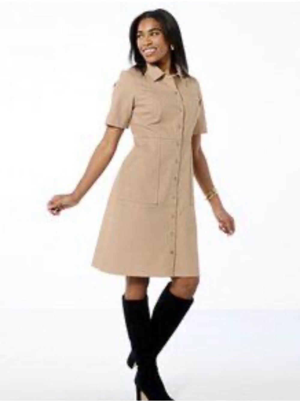 Nina Leonard Tan Button-Front Short Sleeve Shirt Dress